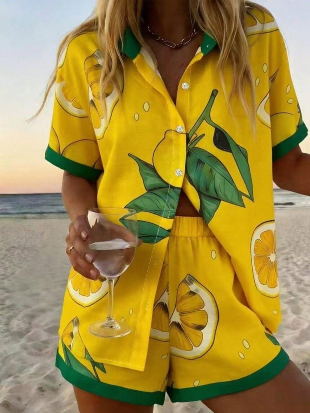 Yellow Casual Women's lemon Print Short Sleeve Shirt And Shorts Suit